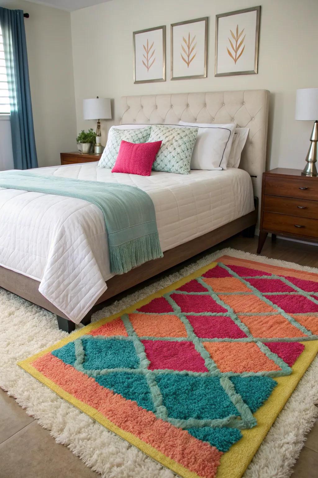 Two 3x5 floor coverings inject an artistic and customized aspect to a distinctive sleeping chamber layout.