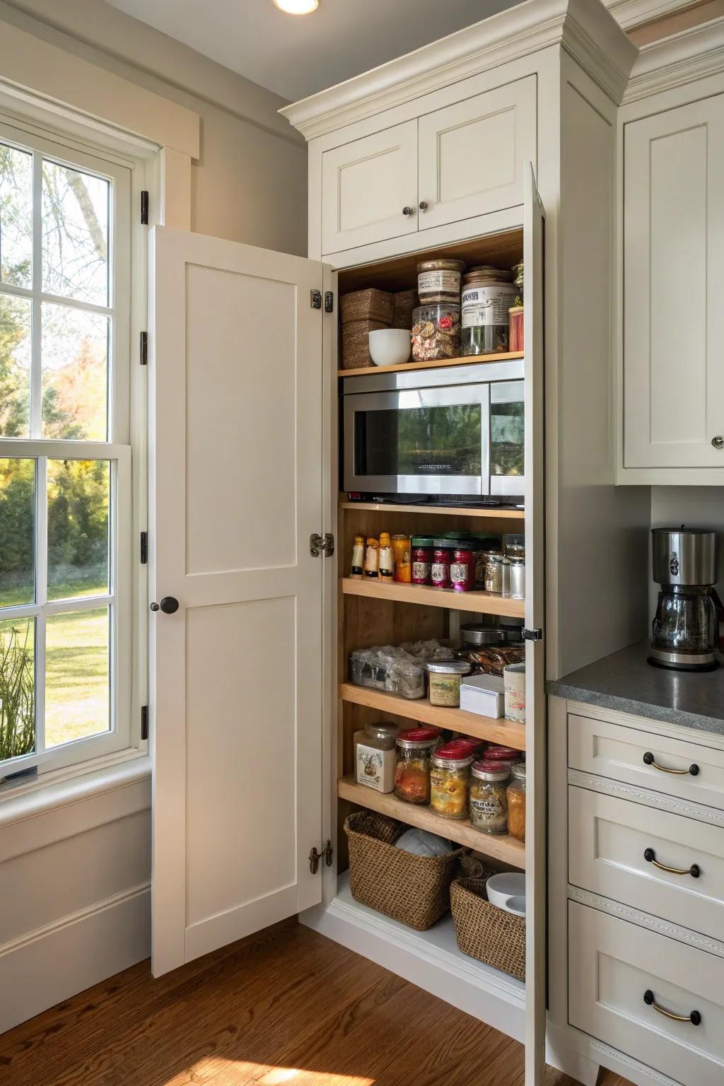 A microwave subtly positioned in a kitchen pantry.