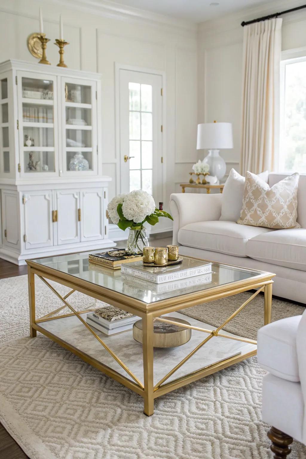 A coffee table with gold accents stands as an elegant centerpiece.