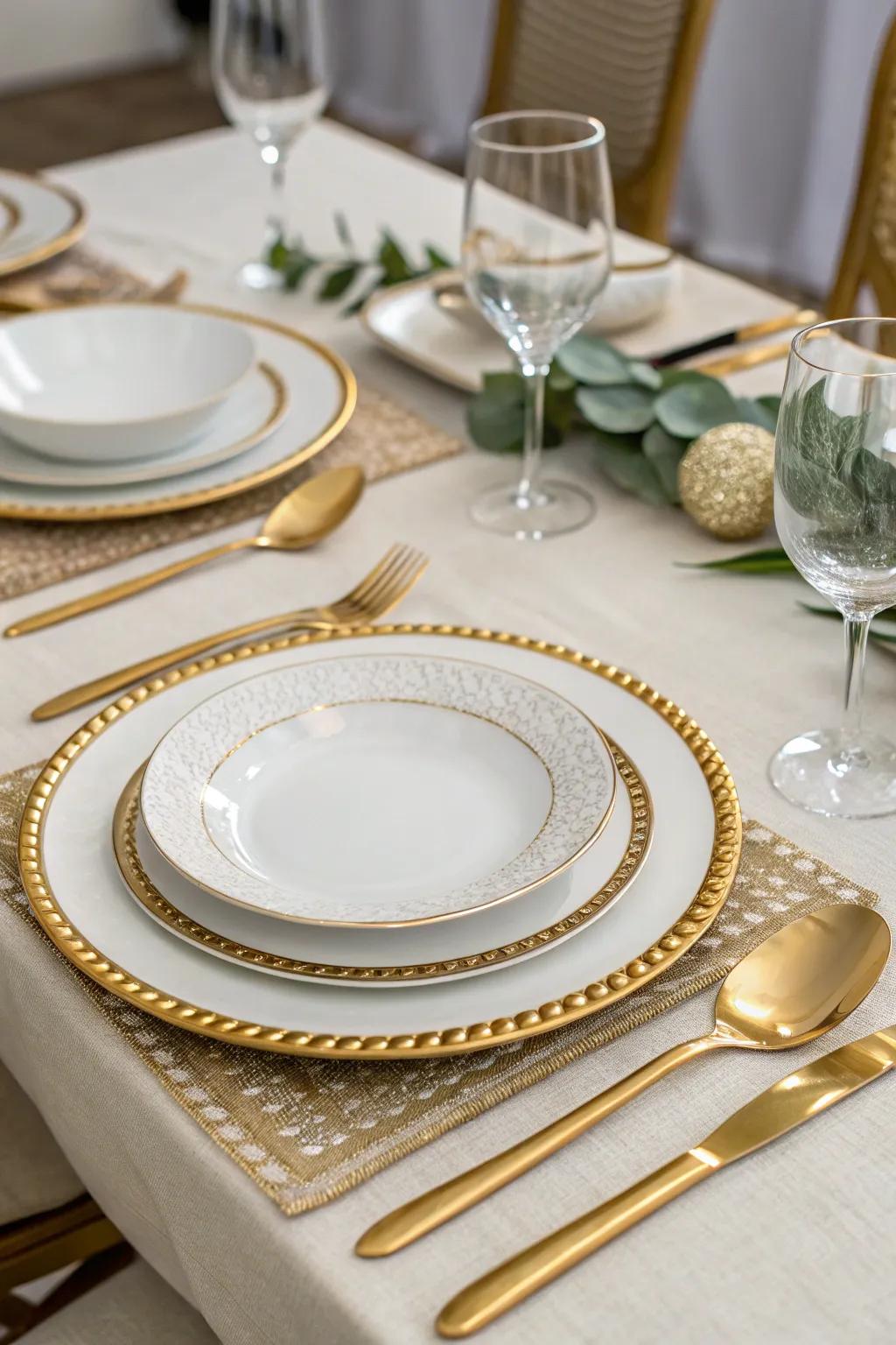 Refined dinnerware emphasizing gilded features.