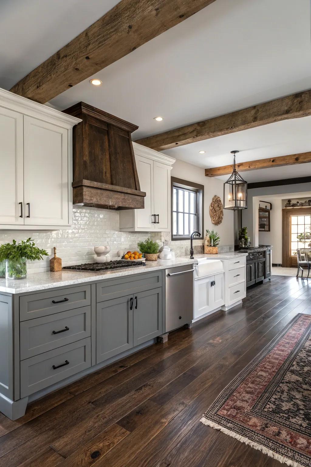 Dark hardwood floors contrast beautifully with light cabinetry.