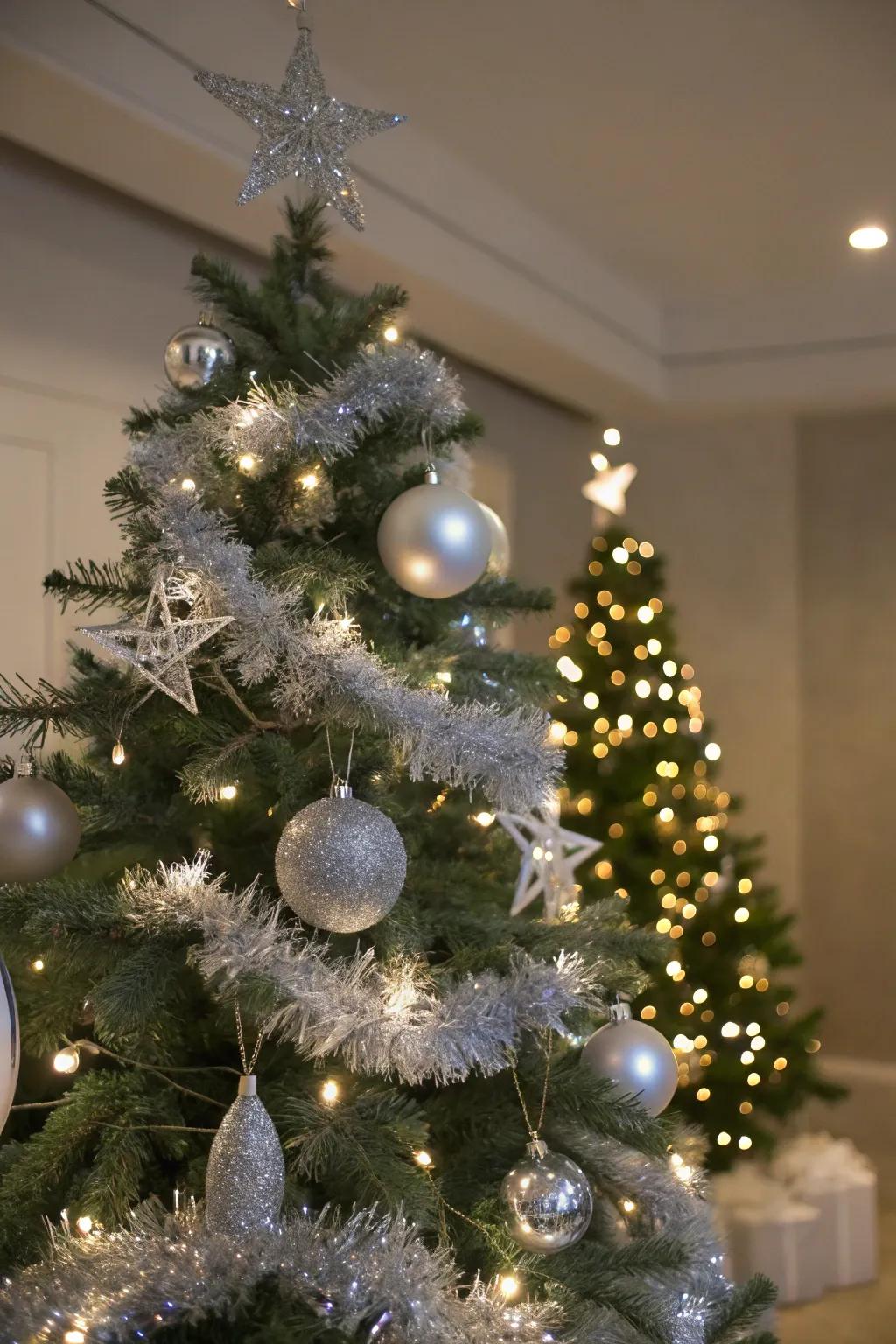 Crisp white lights contribute a frosty shine to the tree.