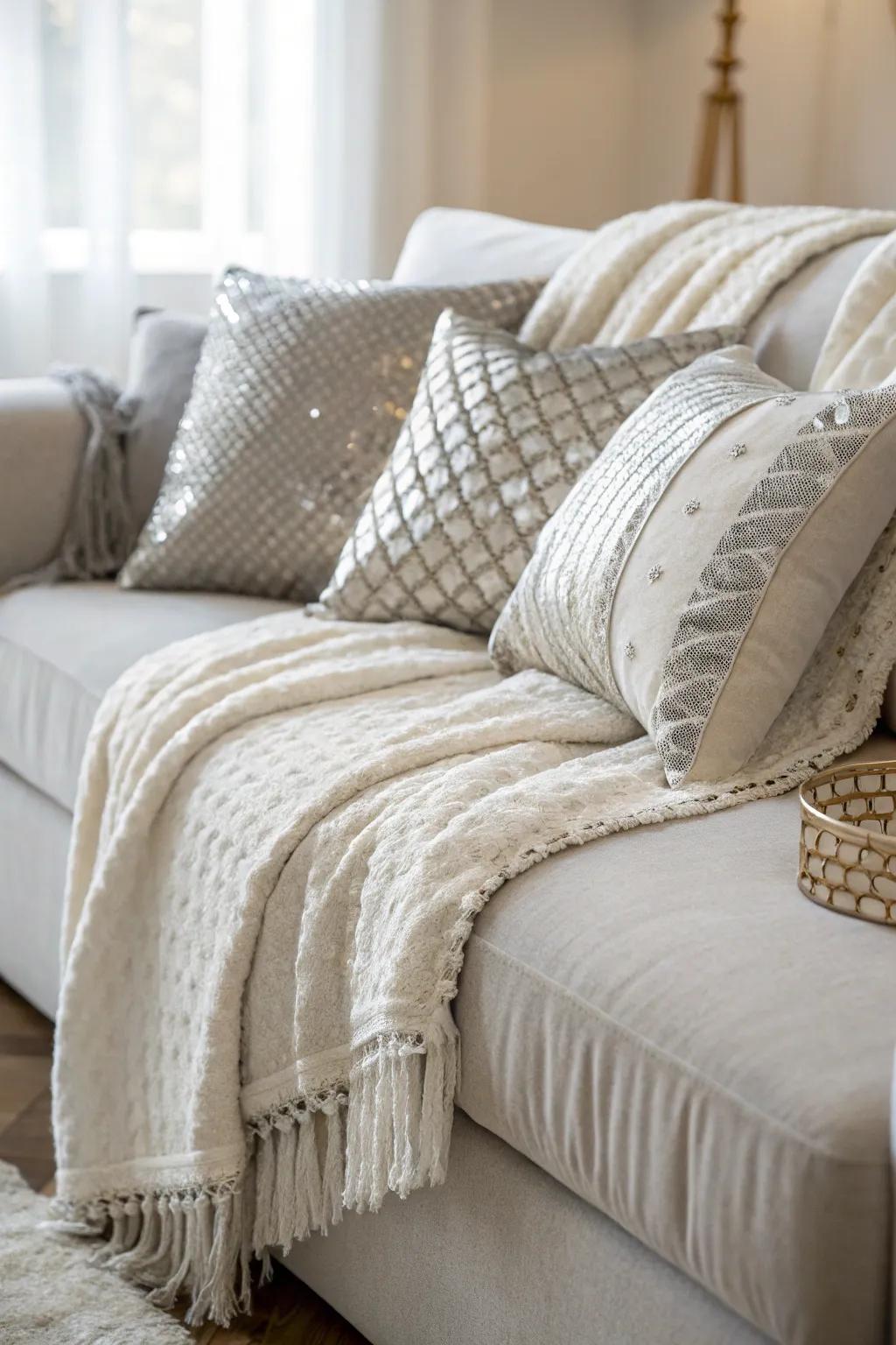 Cultivate an atmosphere of snug sophistication with the application of textured white and silver throws and cushions.