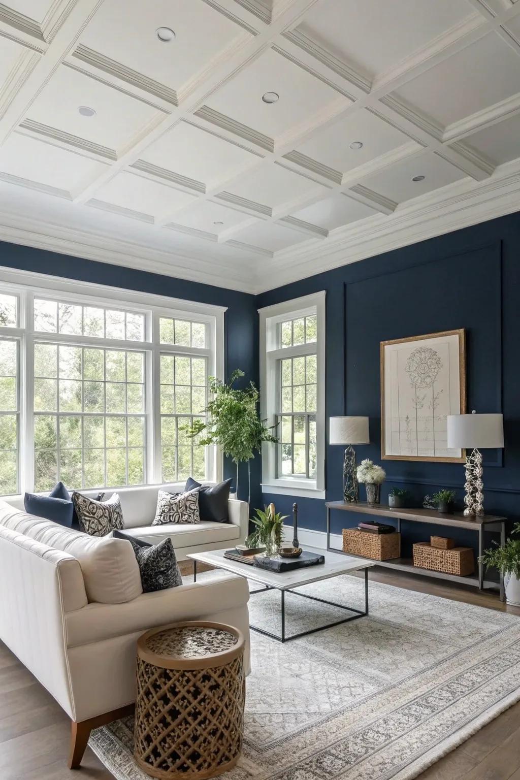 A living room with a white ceiling and strong wall colors that produce a striking contrast.