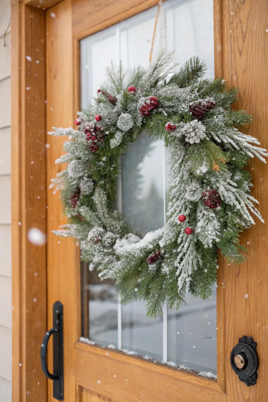A pristine wreath establishes the cadence for a festive ingress.
