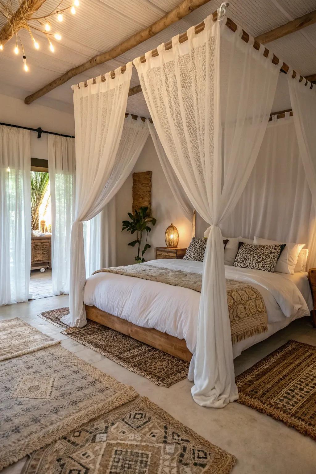 Sumptuous components combined with ivory coverings fashion a cozy bedroom escape.