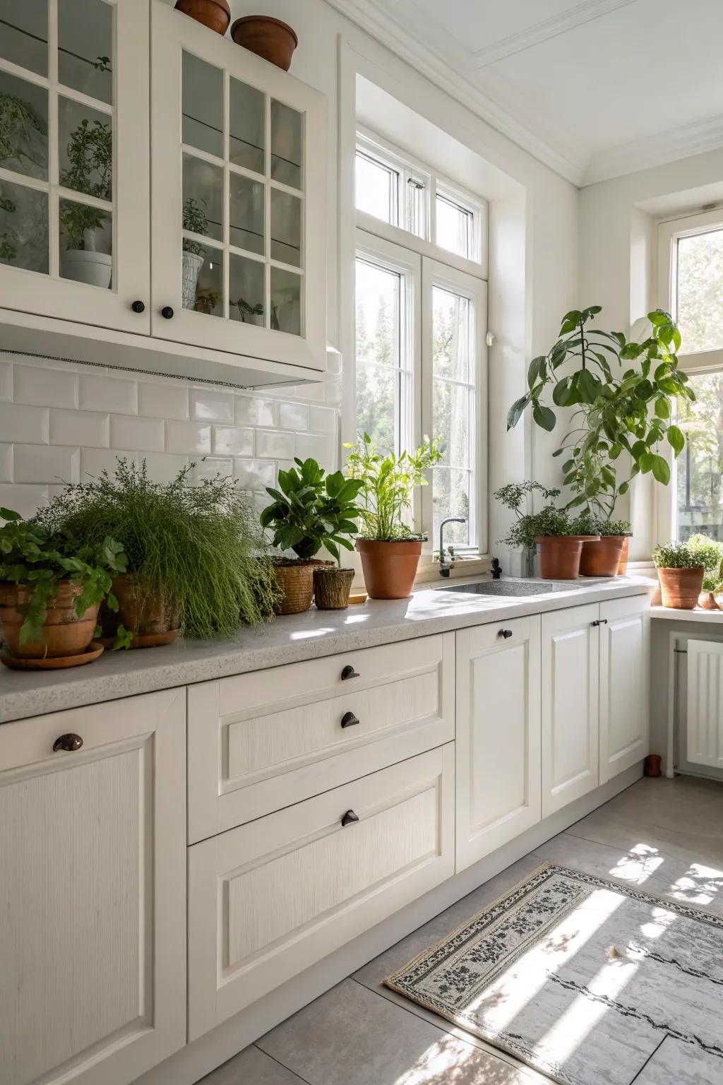 Natural elements provide warmth and vitality to kitchens featuring white cabinets.