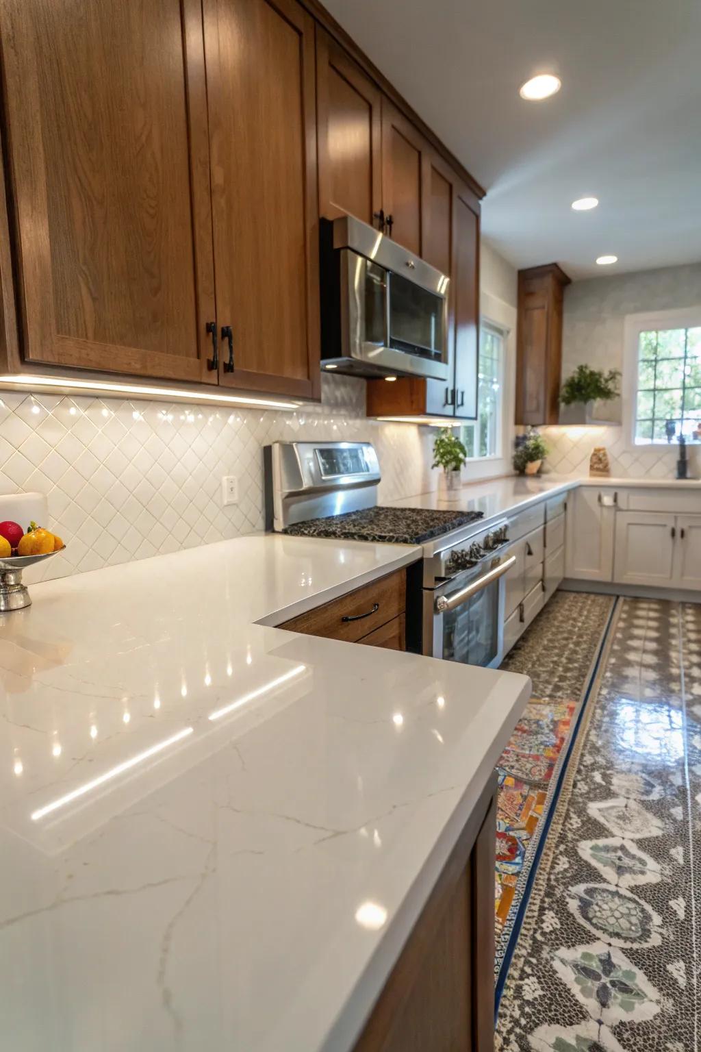 Light-reflecting quartz backsplash brightening up the kitchen area.