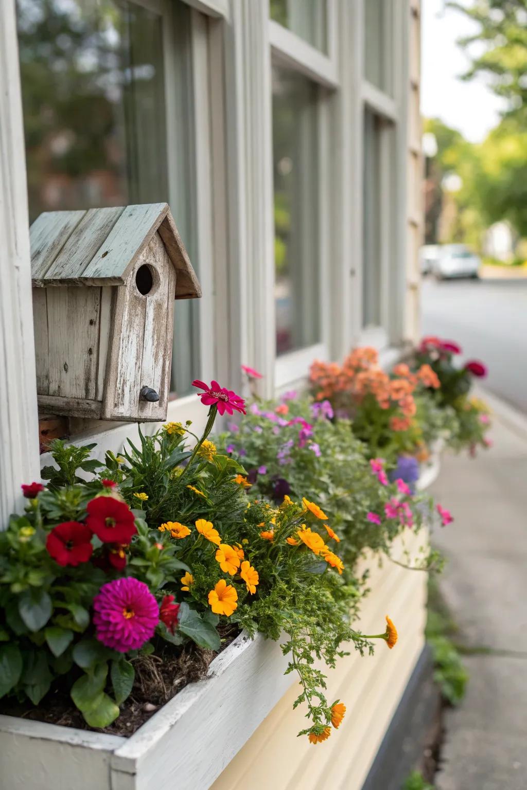 A fanciful miniature garden featuring a birdhouse.