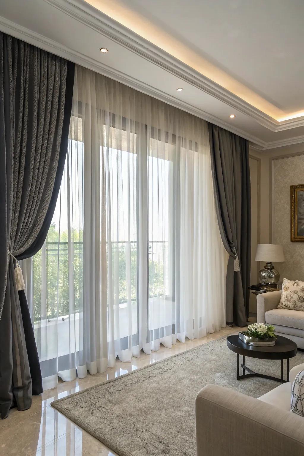 Layered drapery provides a sumptuous and flexible solution.