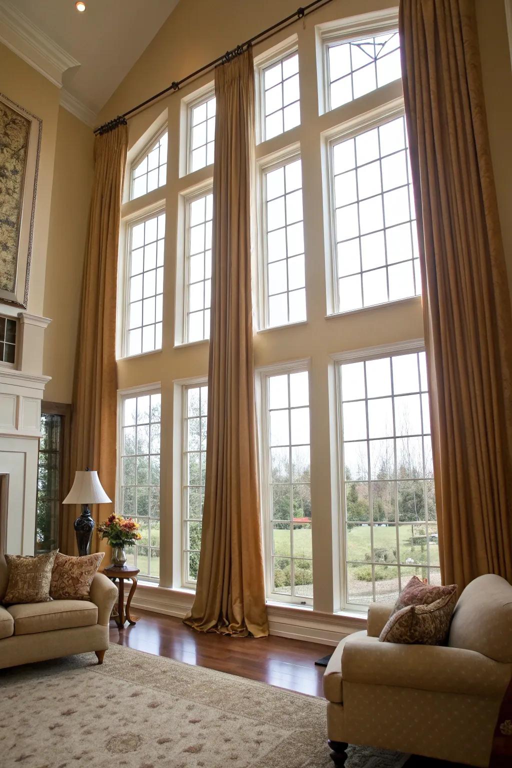 Panels that cascade emphasize the height of this living room.