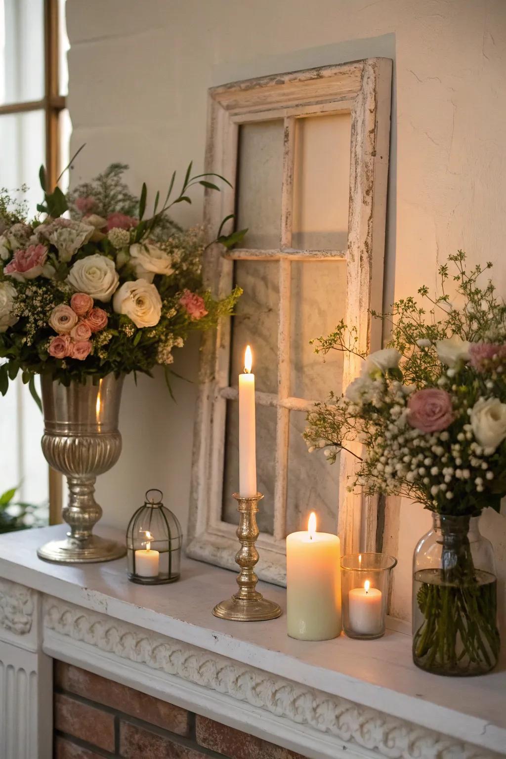 Window frames enhance mantel arrangements with elegance.