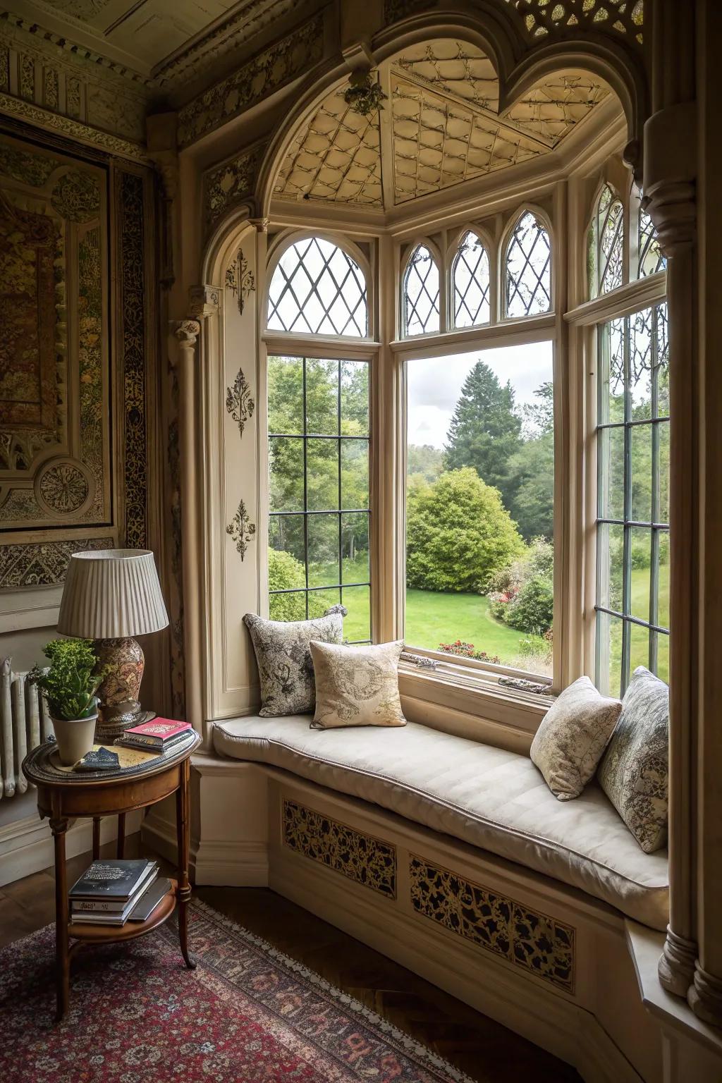 A bay window seat benefiting from unique architectural aspects.