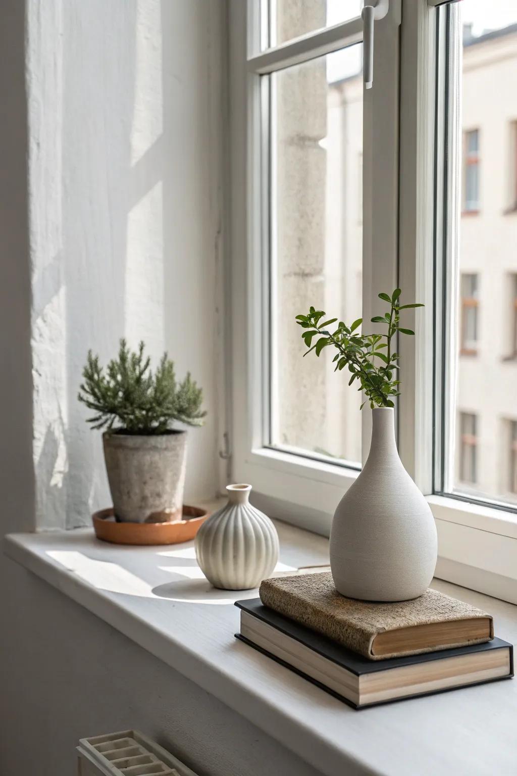 A minimalist window sill exhibiting clean lines and understated decorations.