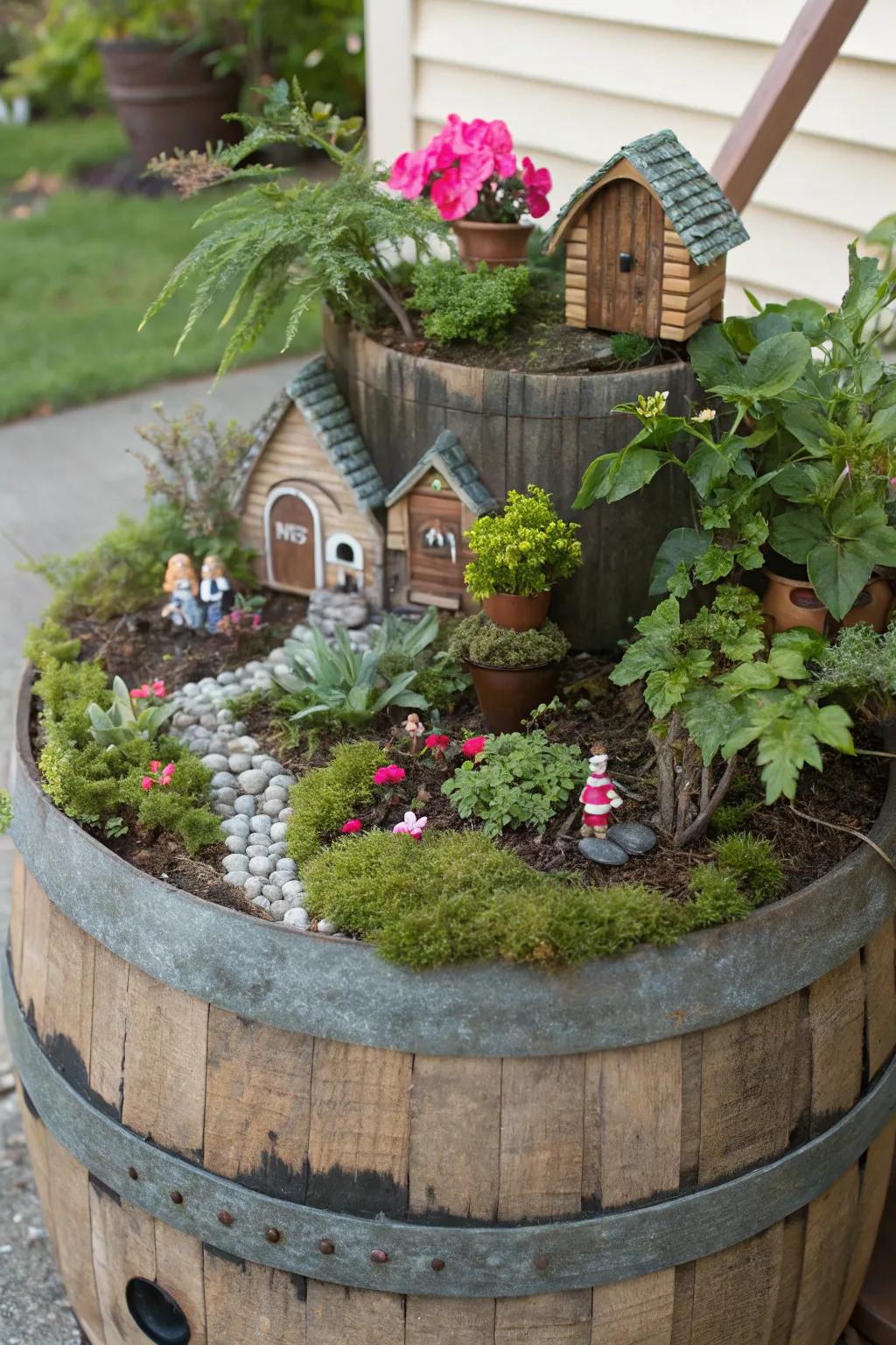 An enchanting sprite garden nestled within a wine barrel.