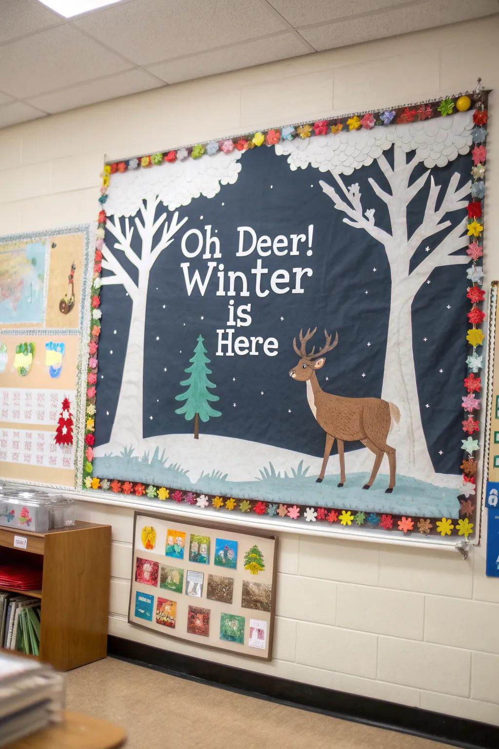 Playful deer herald the advent of winter on the bulletin board.