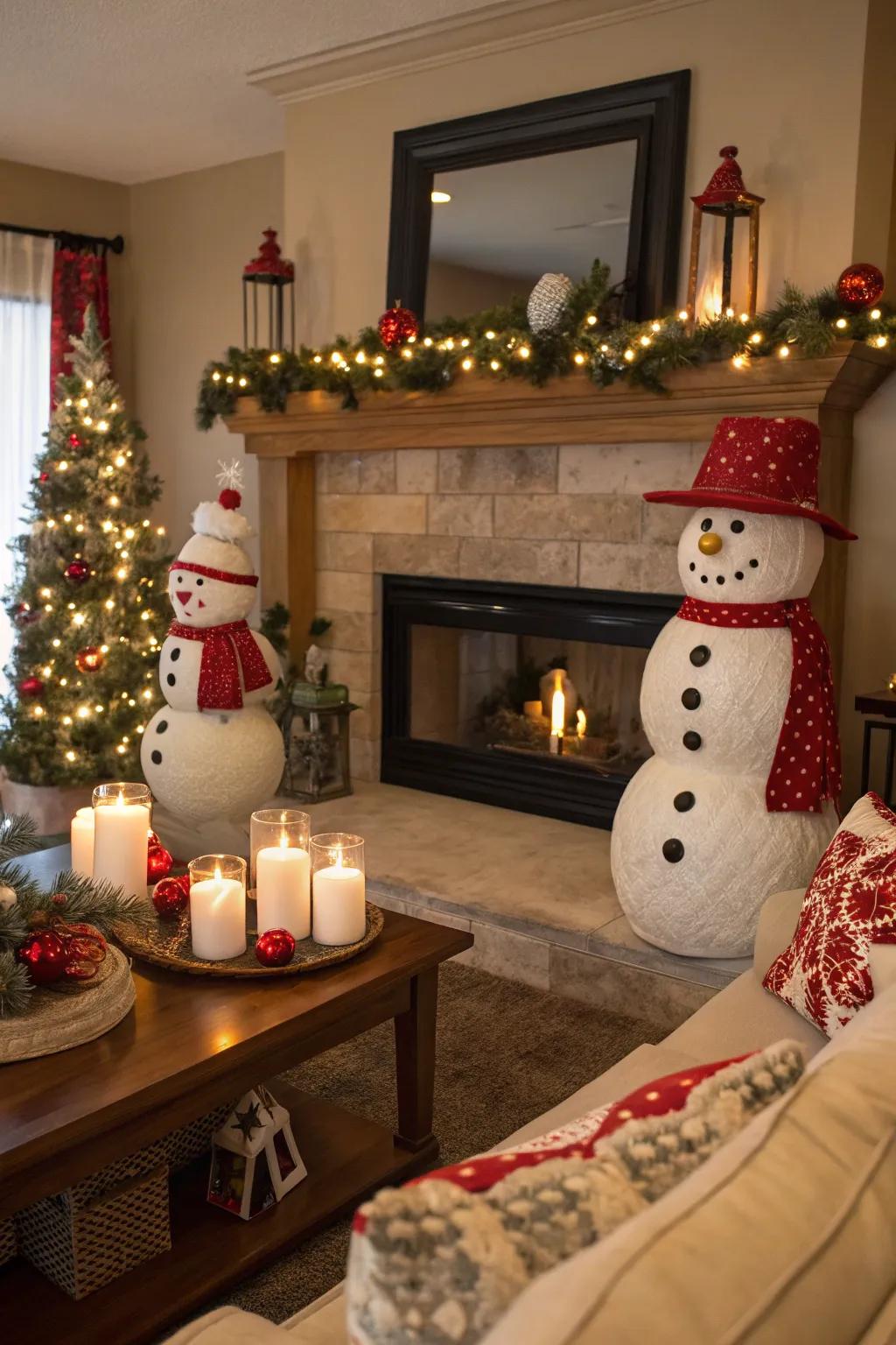 Incorporate a playful element using a snow-figure-themed display.