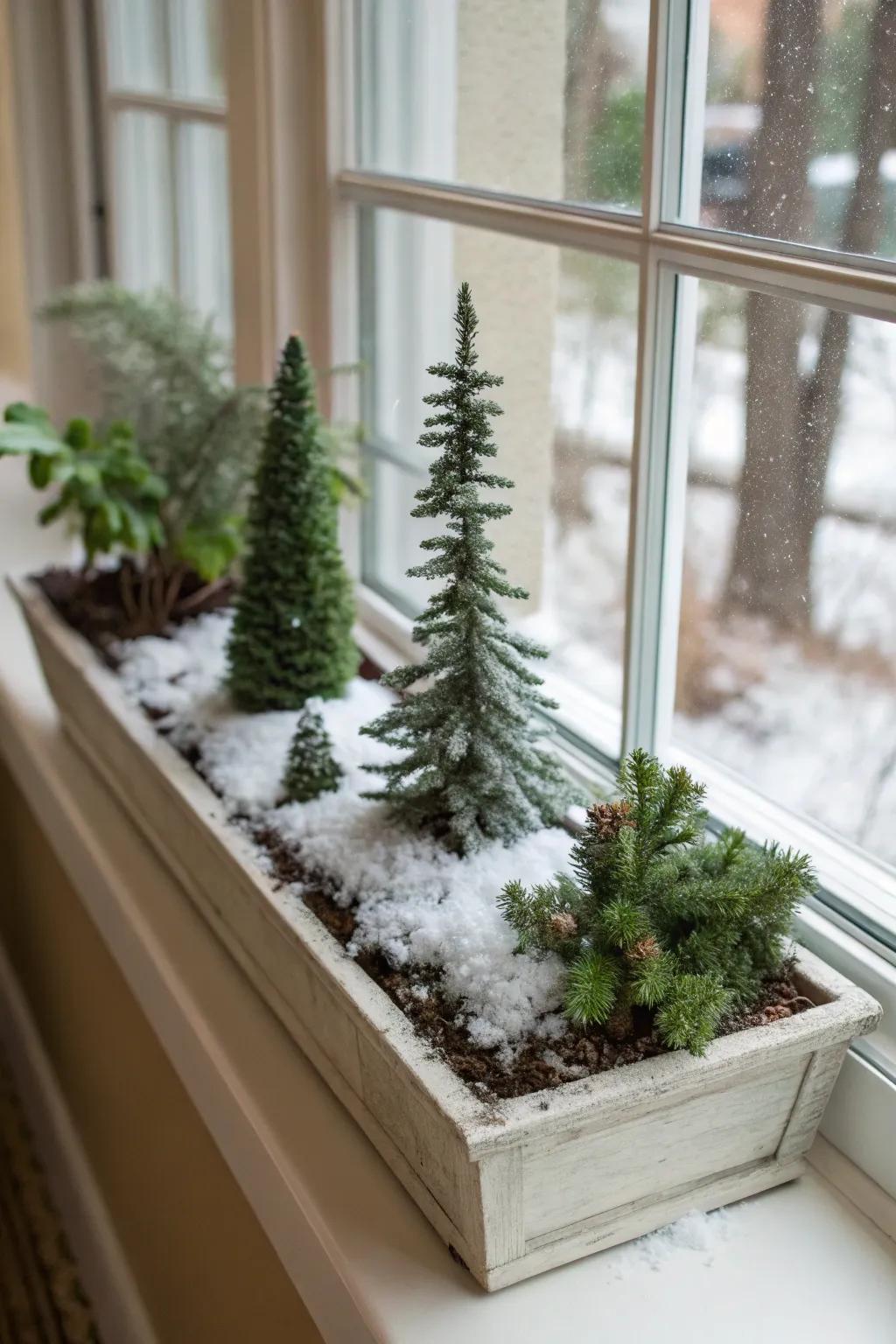 Diminutive trees adorned with simulated snow conjure a whimsical woodland tableau within this window box.