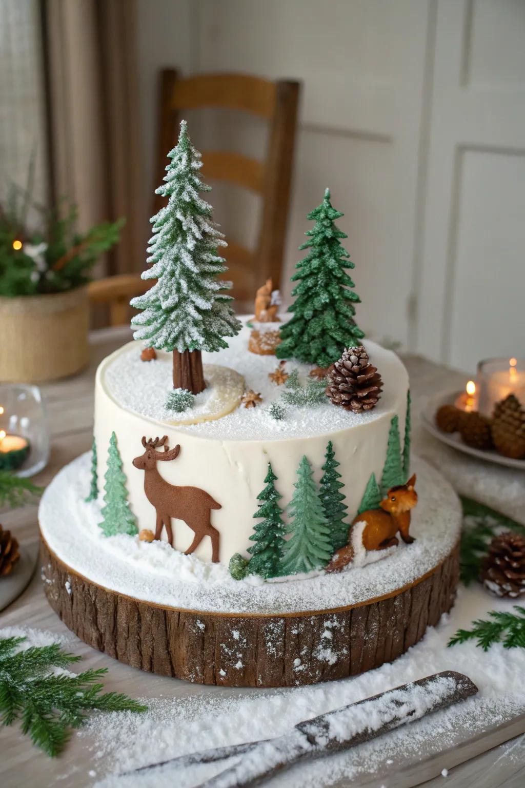 A frigid forest cake featuring consumable trees and creatures.