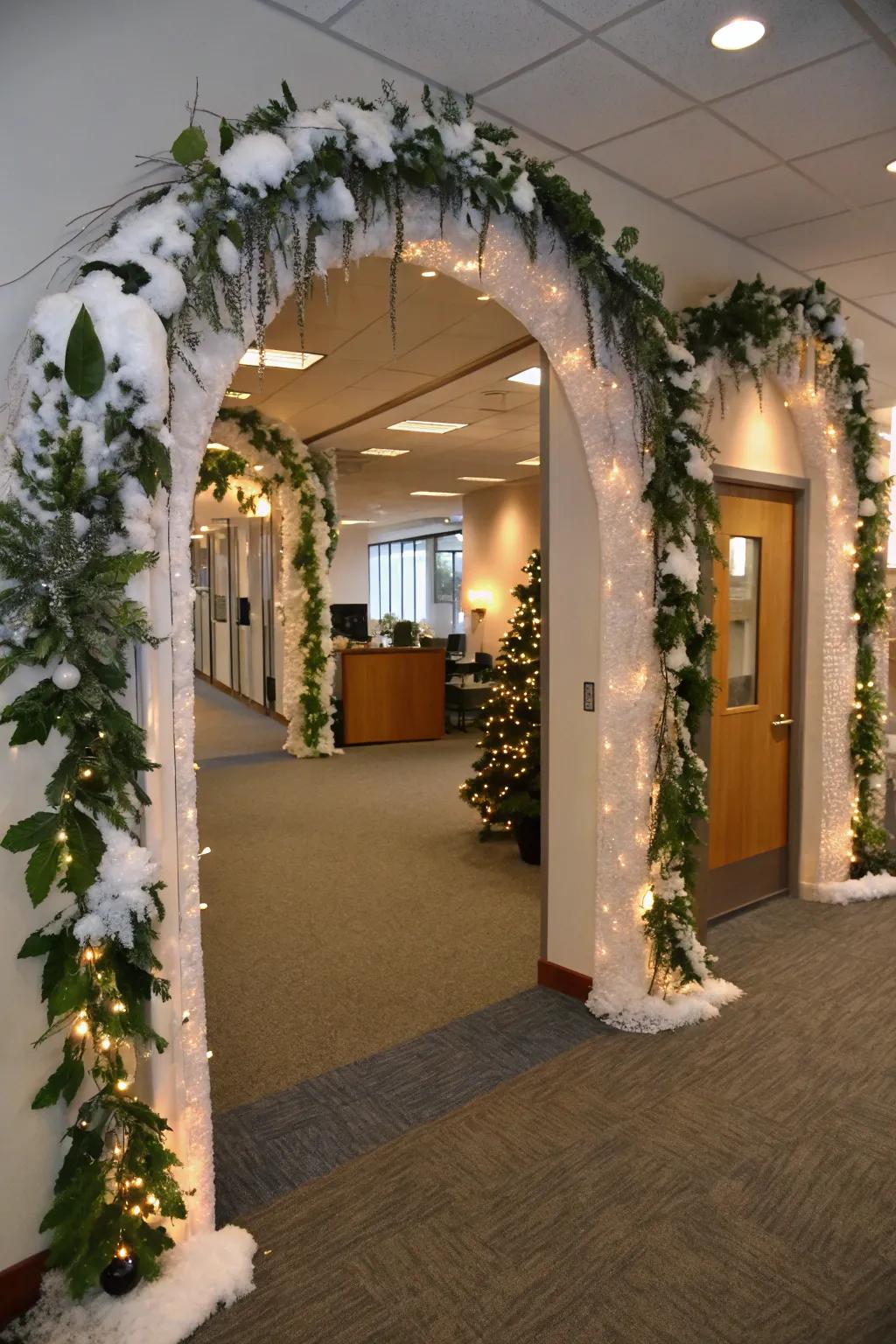 Hoarfrost-cloaked arches establish an inviting threshold into your winter wonderland office.