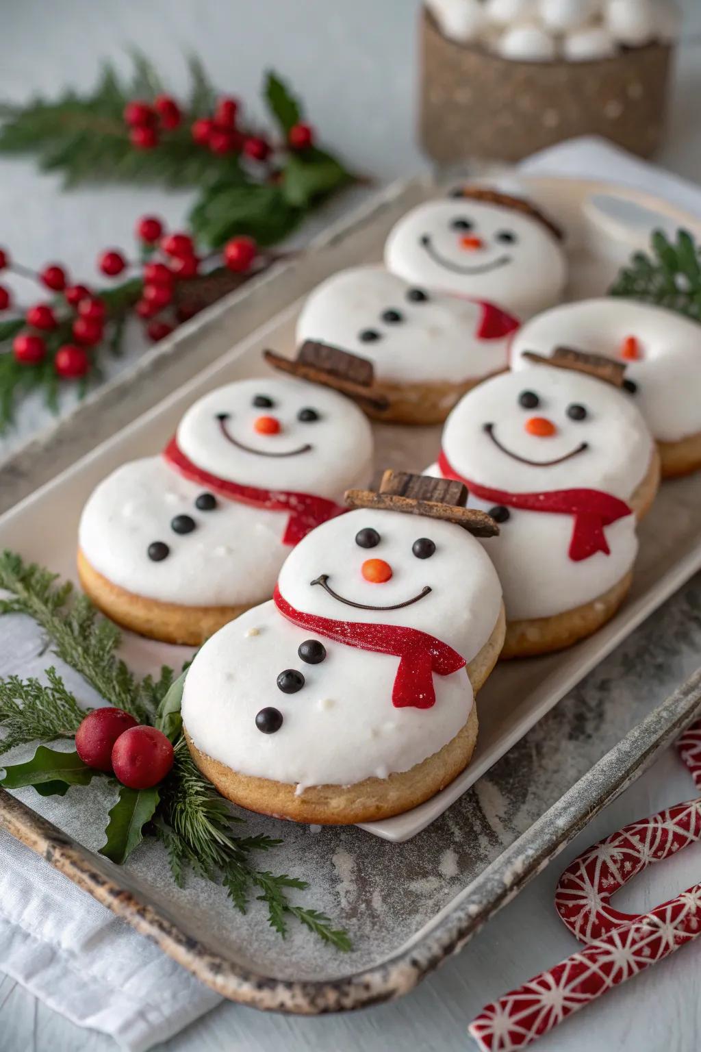Delicious snowman doughnuts delivering a playful treat.