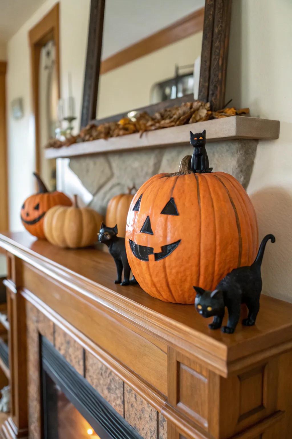 Gourd juxtaposed with enigmatic ebony felines.
