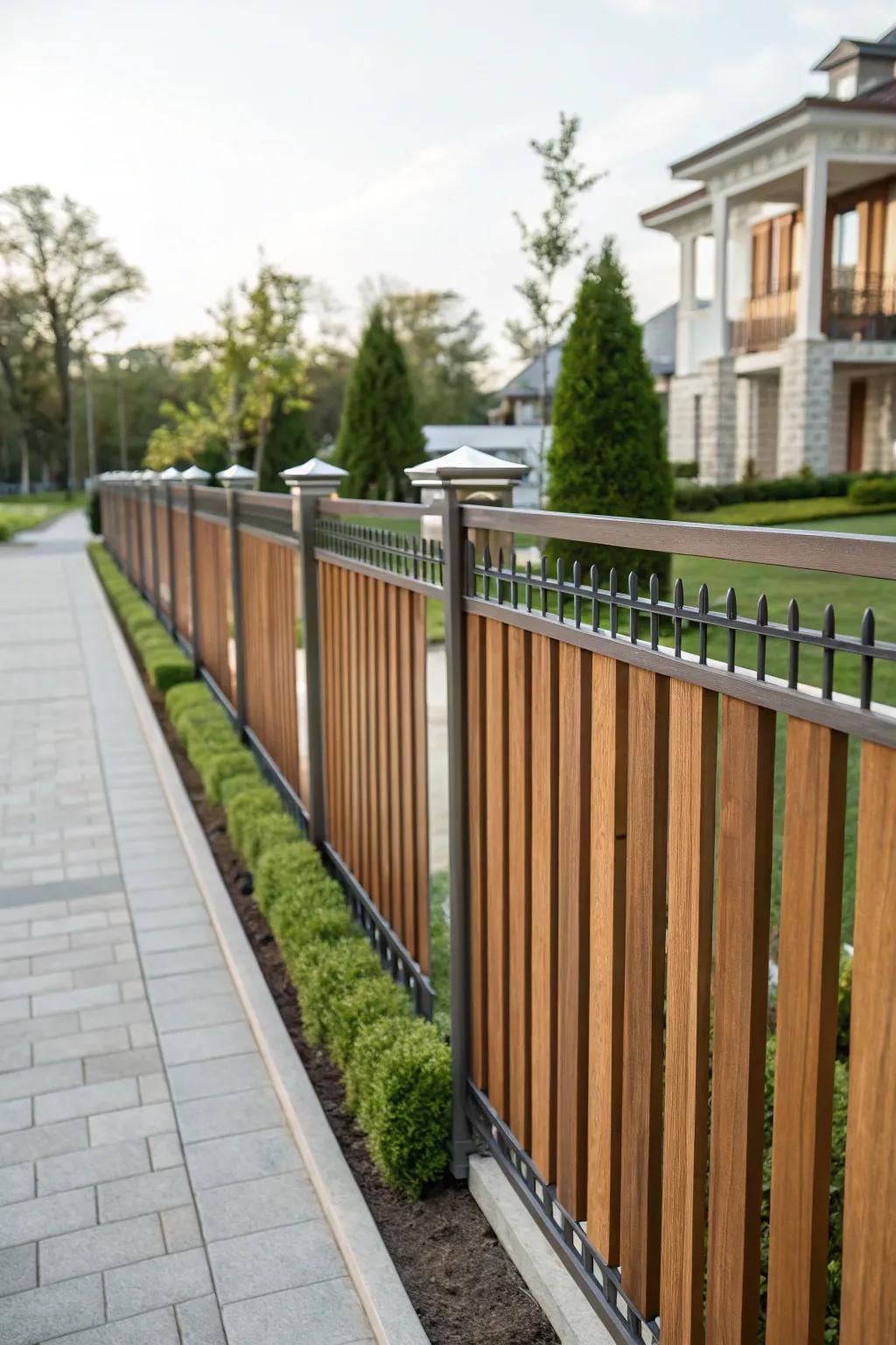 A sophisticated fence featuring standing wood boards and metallic edging.