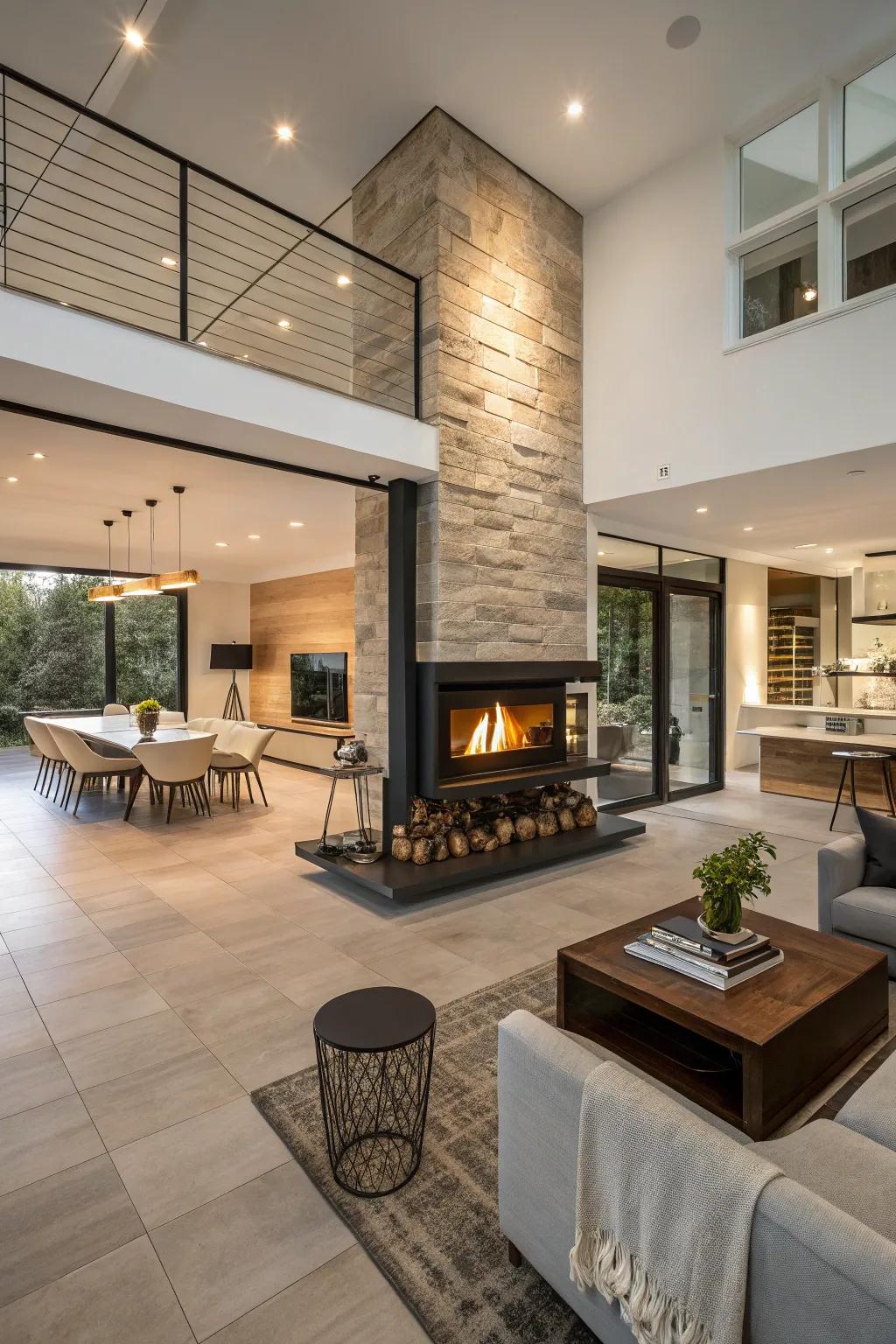 Unite spaces with a dual-aspect fireplace.
