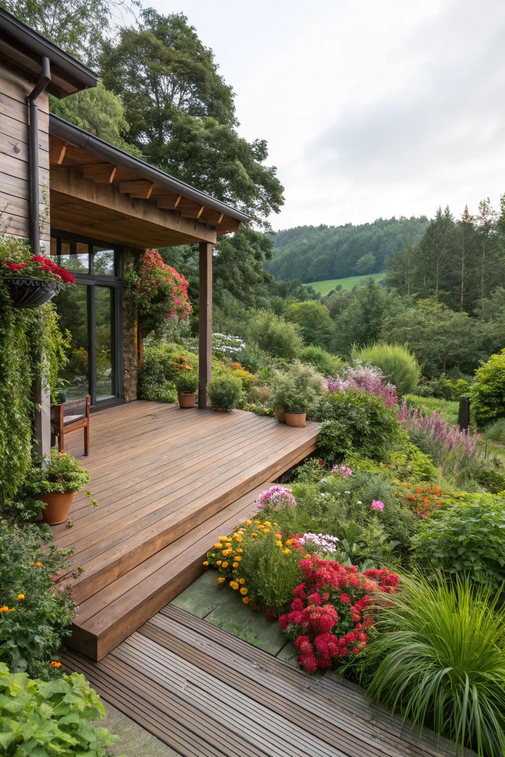 Merging your deck with a garden engenders a harmonious outdoor environment.