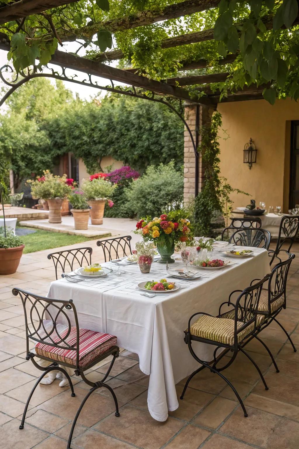 An iron dining set crafts an inviting area for alfresco meals.