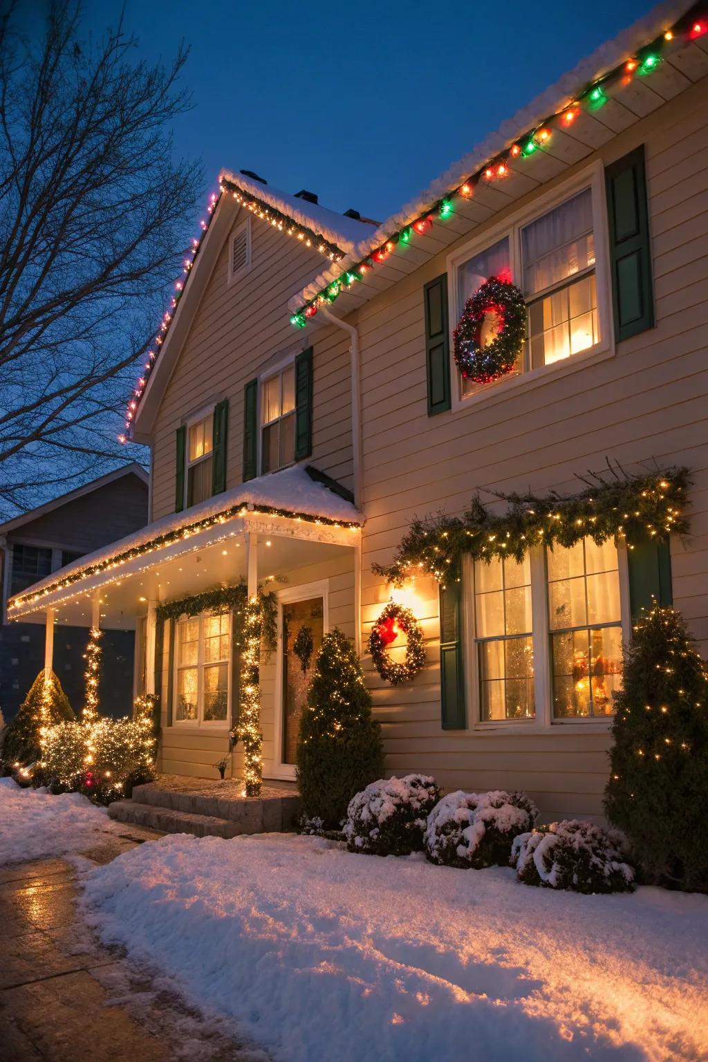 A jubilant home facade adorned with Yuletide lights and foliage.