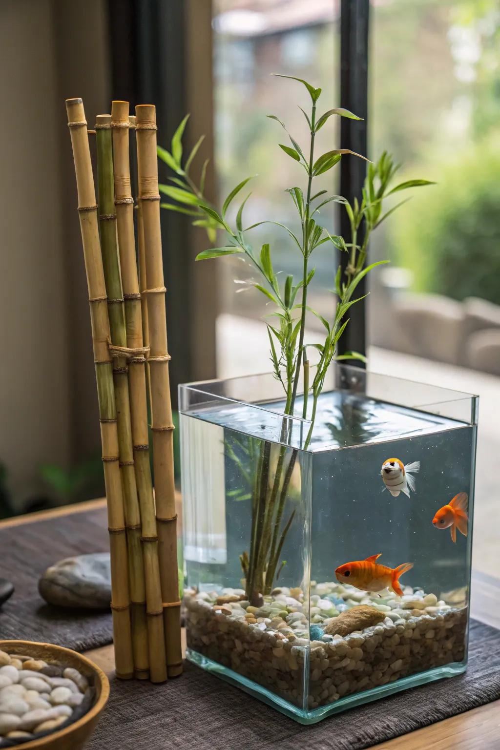 Bamboo pieces introduce height and a touch of the outdoors.