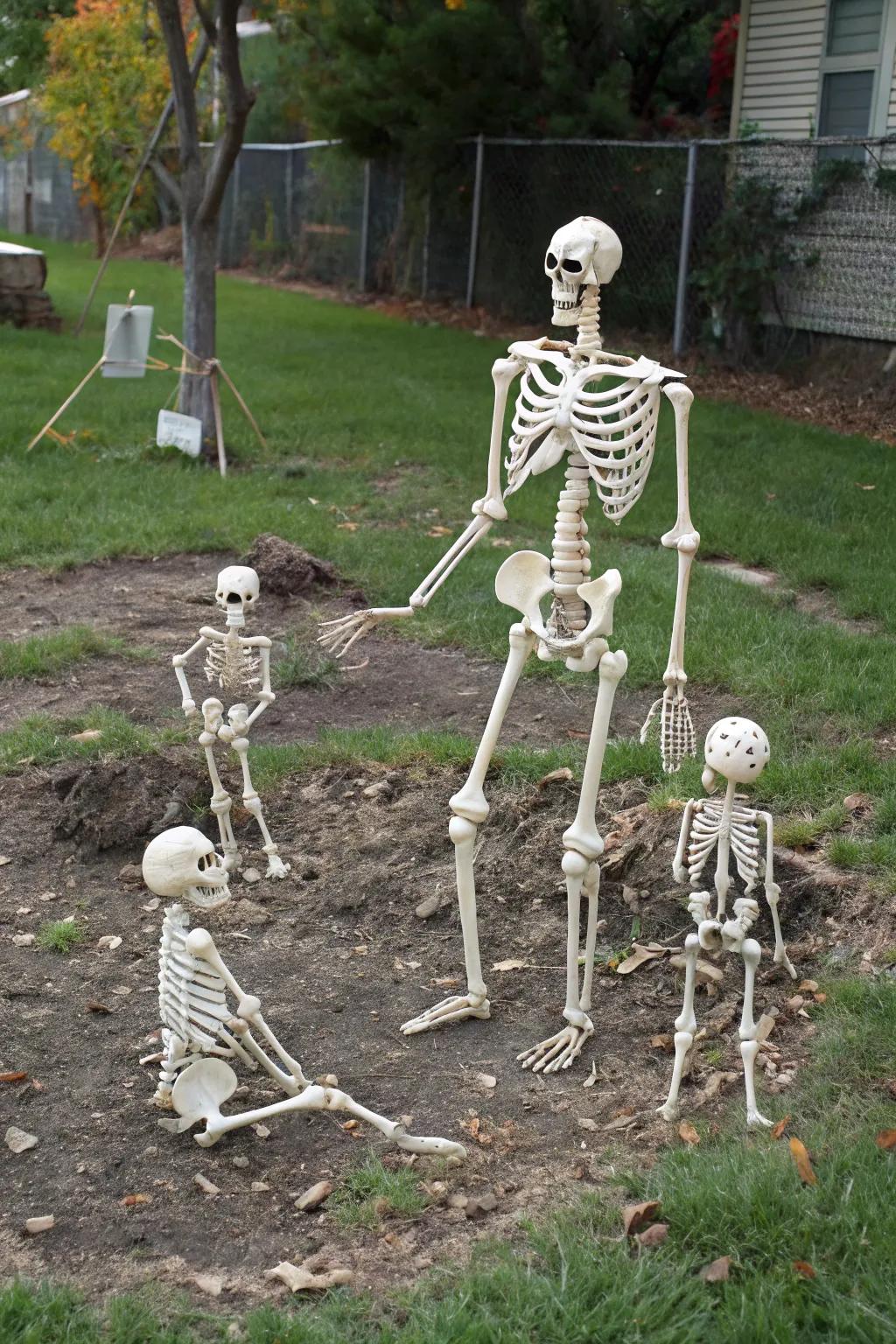 A progeny of skeletons congregates for Halloween jubilation.
