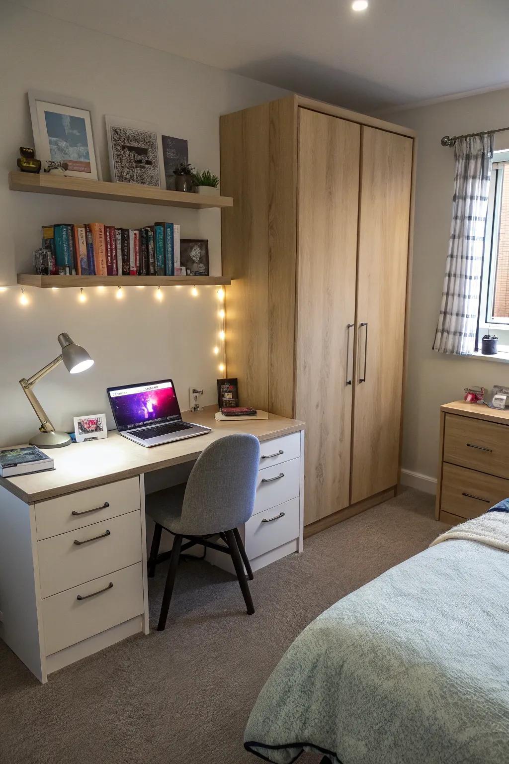 Functional furnishings accompanied by ambient illumination, engendering a productive and fashionable workspace.