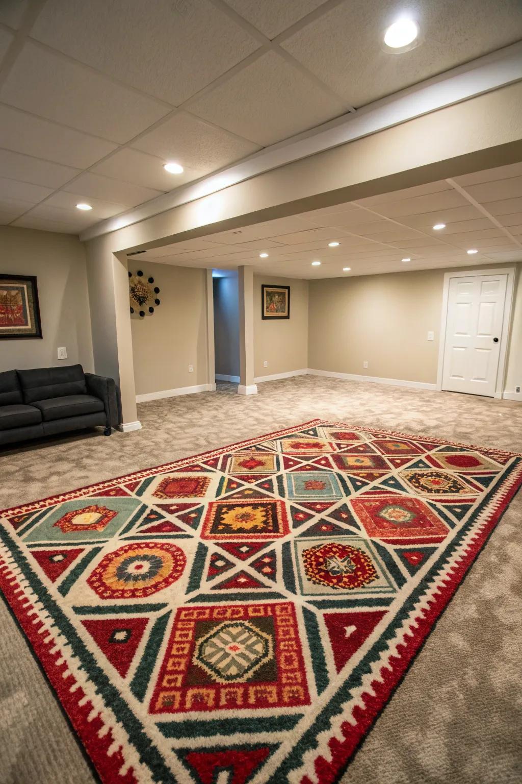 Patterned floor coverings serve as an animated focal point.
