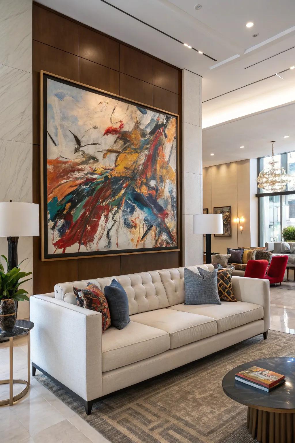 A bold centerpiece above the sofa grounds the room.