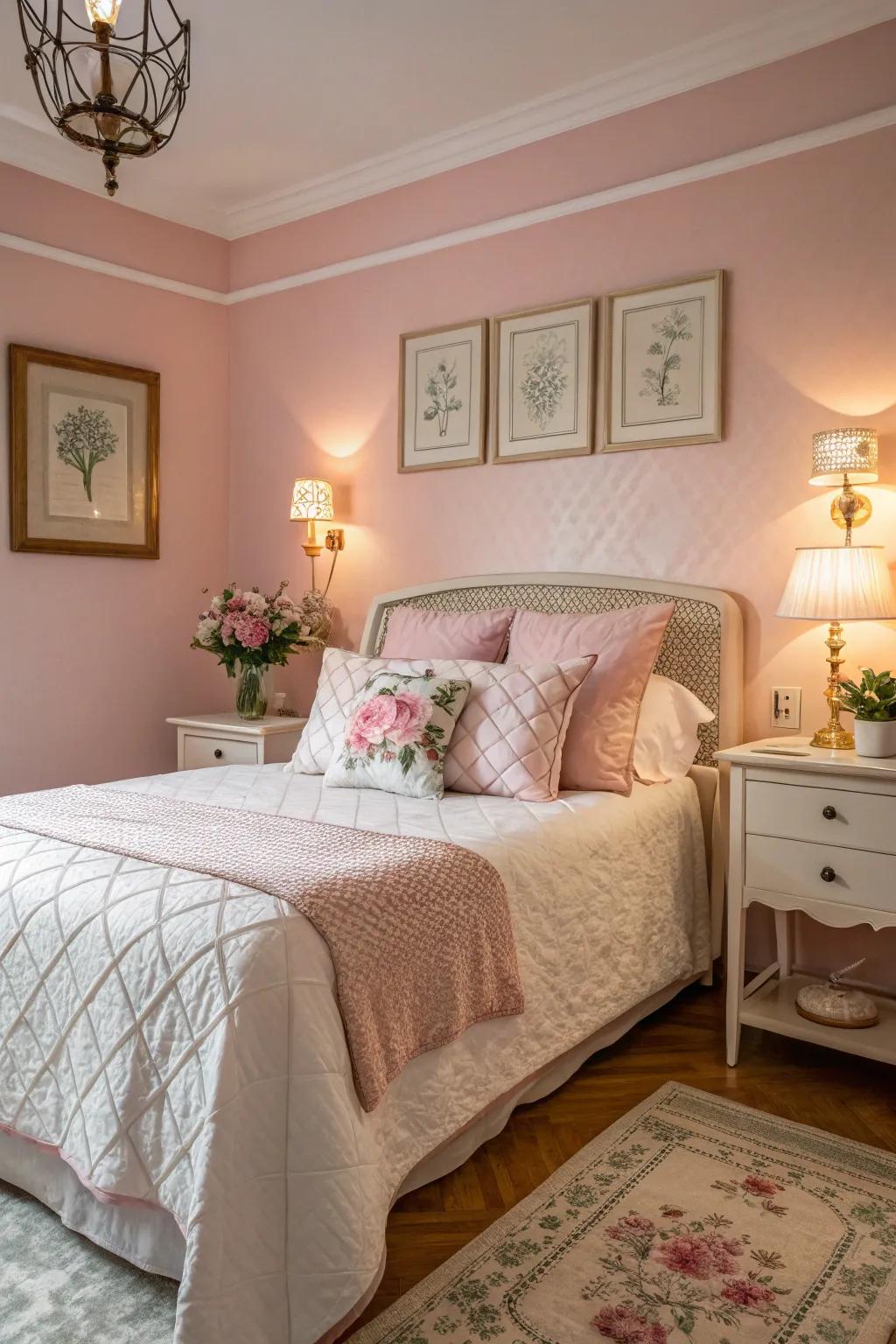 Soft pastels foster a peaceful atmosphere in the guest suite.