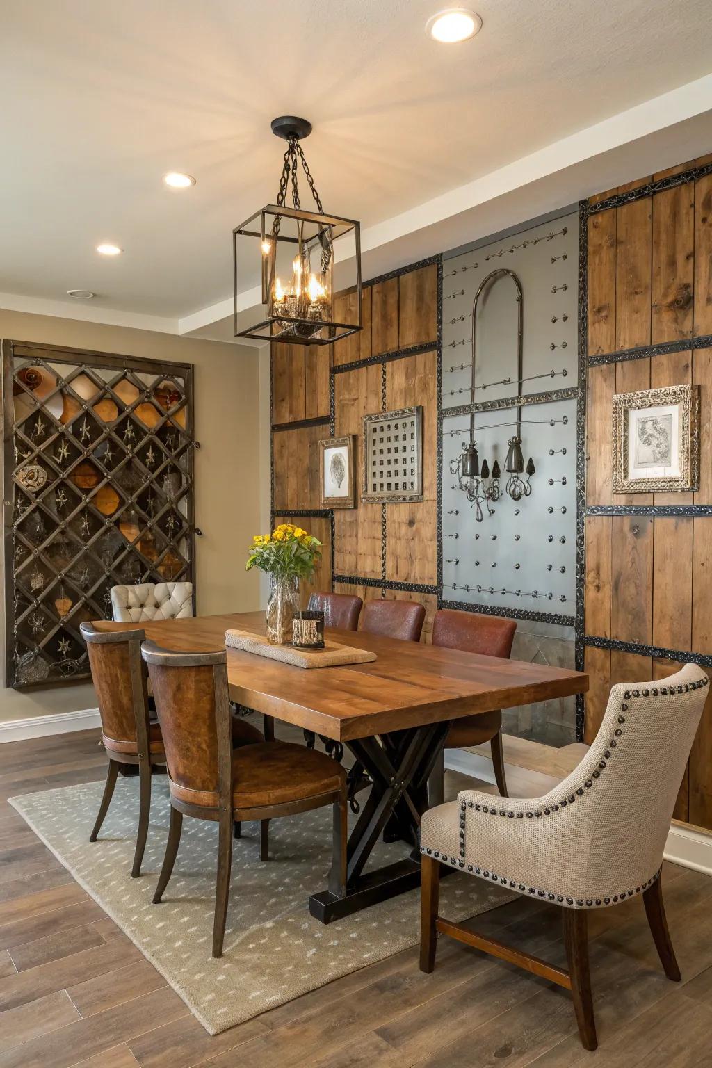A dining space featuring an assorted blend of timber and metal on the enhancement.