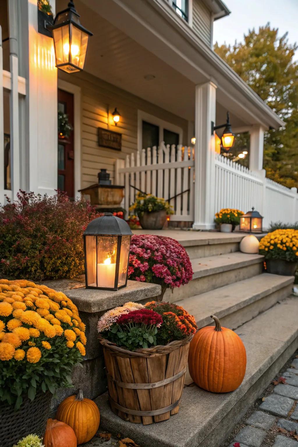 A porch decorated with lively seasonal adornments.