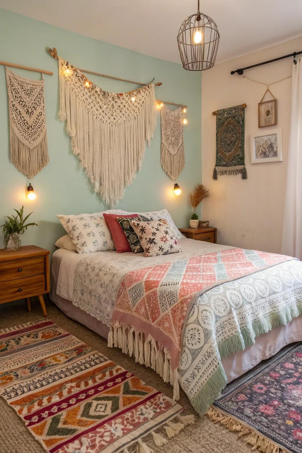 Bohemian features enhance eclectic charm.