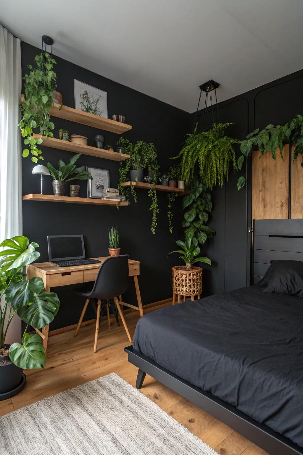 A black bedroom featuring green plants and timber accents for a natural touch.