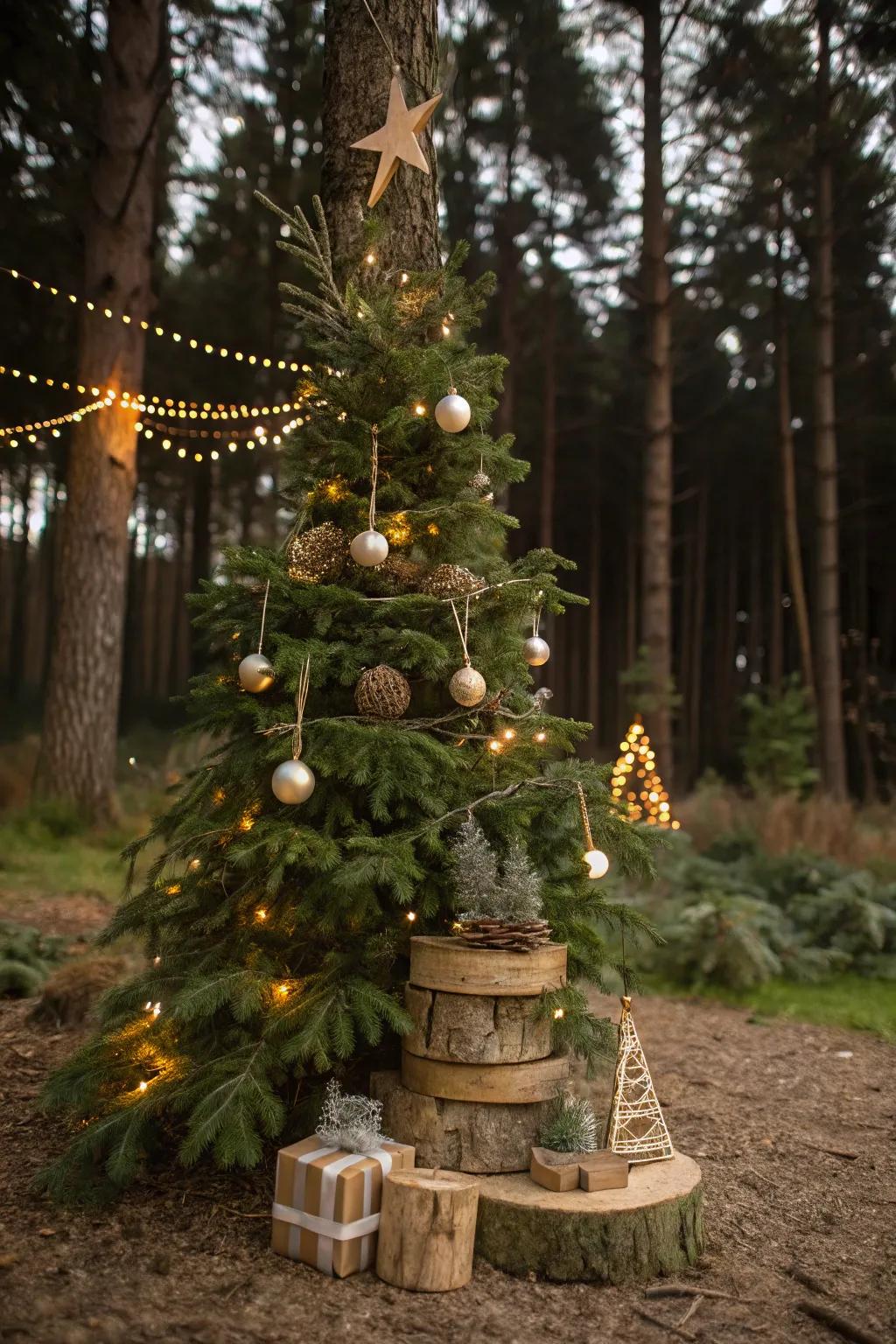 A Christmas tree featuring an organic essence, embellished with timber features and foliage.
