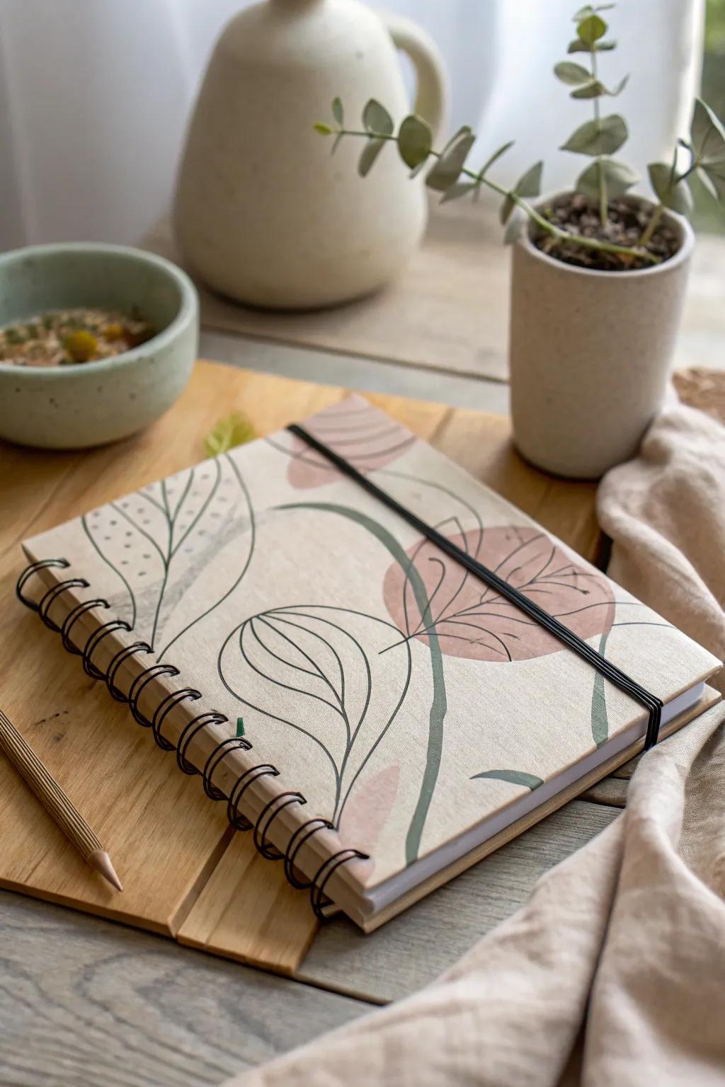 Unleash your creative potential through the implementation of nonrepresentational scribbles on a minimalist notebook cover, thereby achieving the impeccable harmonization of unpretentiousness and artistic panache.