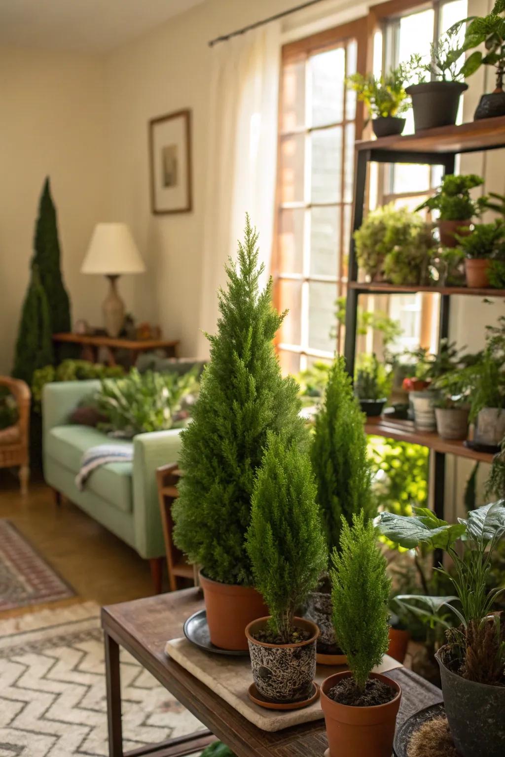 Evergreen saplings enlivening the winter dwelling