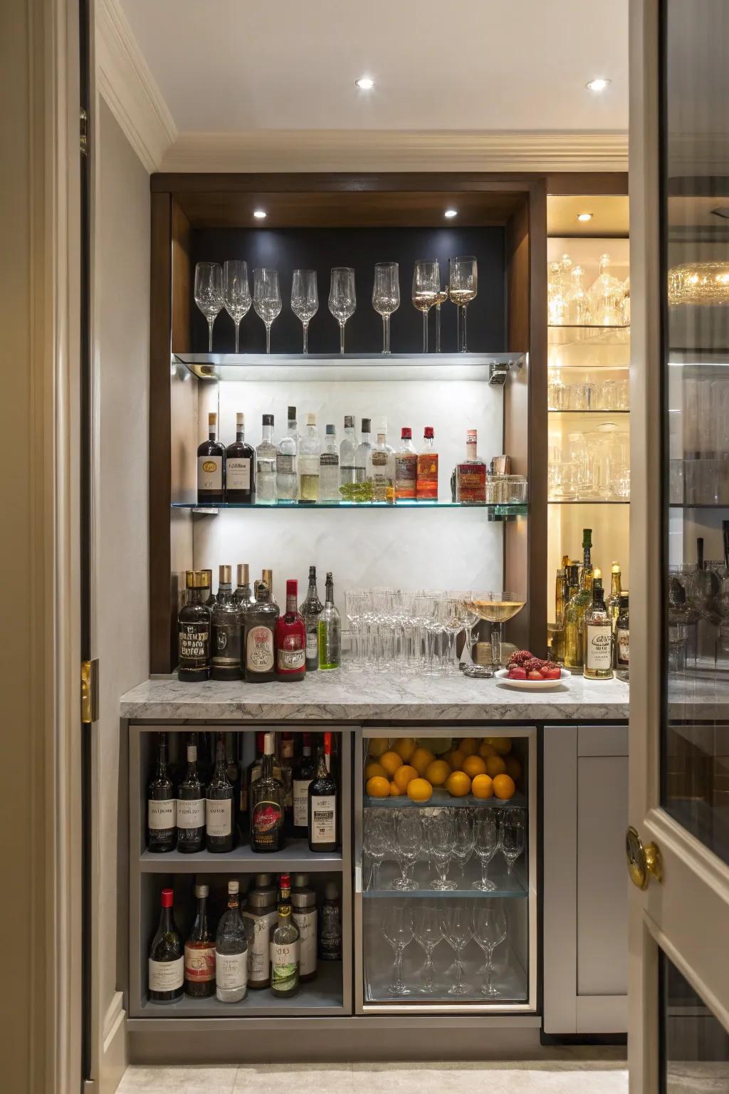 An alcove makes for a sophisticated mini bar.