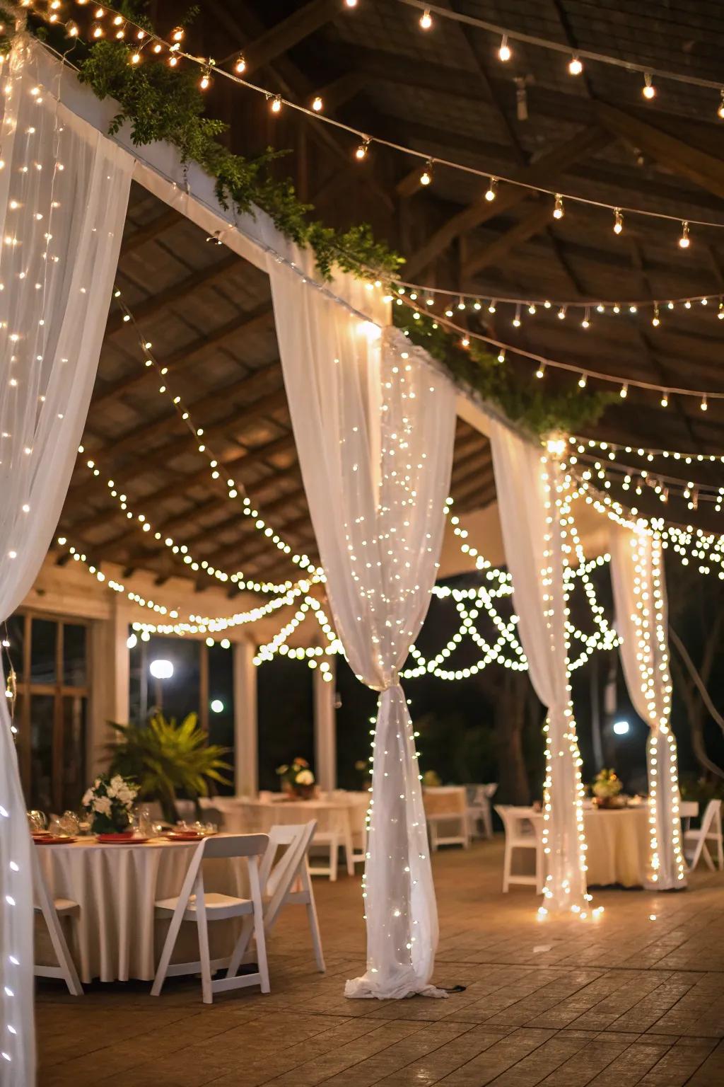 Ivory string lights generate a welcoming and intimate atmosphere.