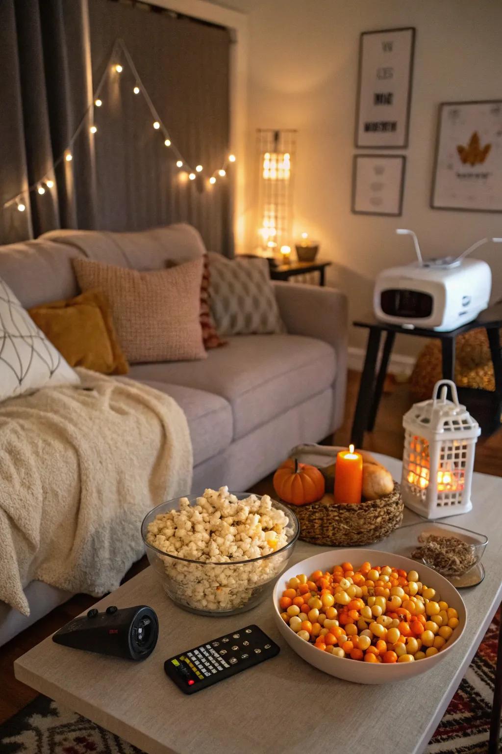 A snug setup for a Halloween cinema marathon.