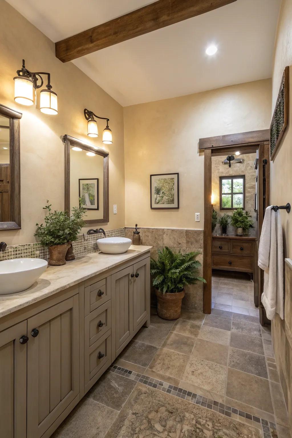 Neutral shades fashion a tranquil and peaceful bathroom environment.