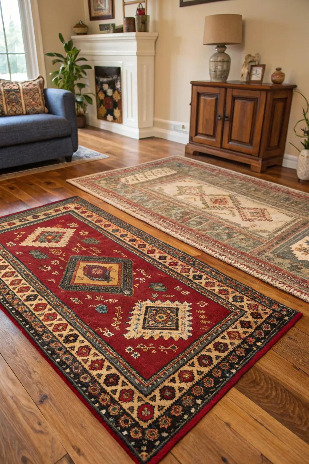 Traditional rugs adding warmth and feel to a colonial-style area.