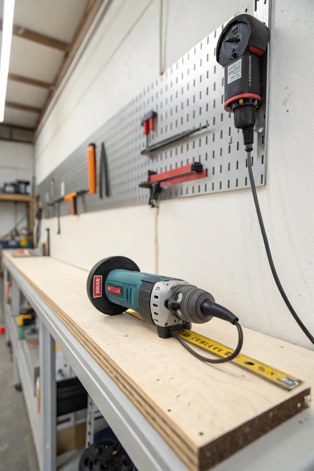 Minimalist magnetic strip for easy access to angle grinders featuring metal bodies.